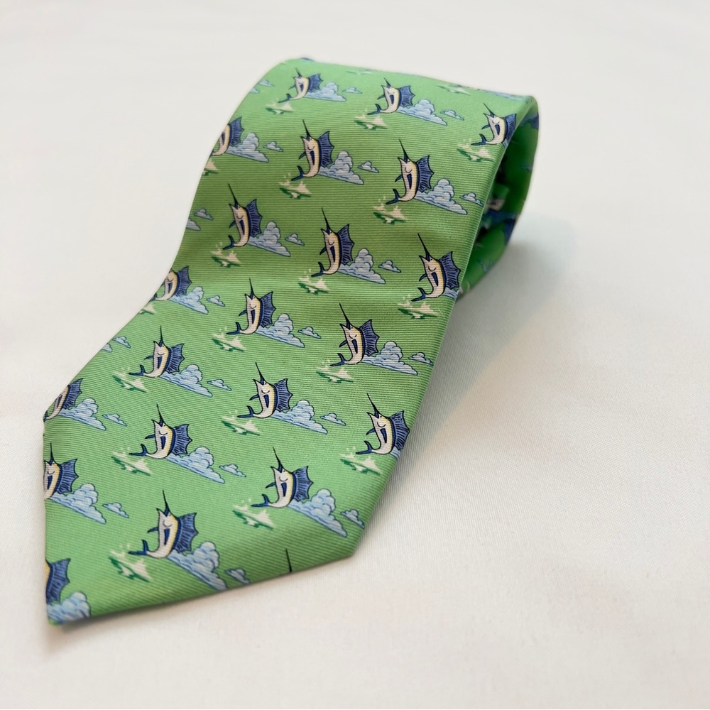 Bird Dog Bay Green 100% Silk Tie Blue Marlins Nautical Preppy
